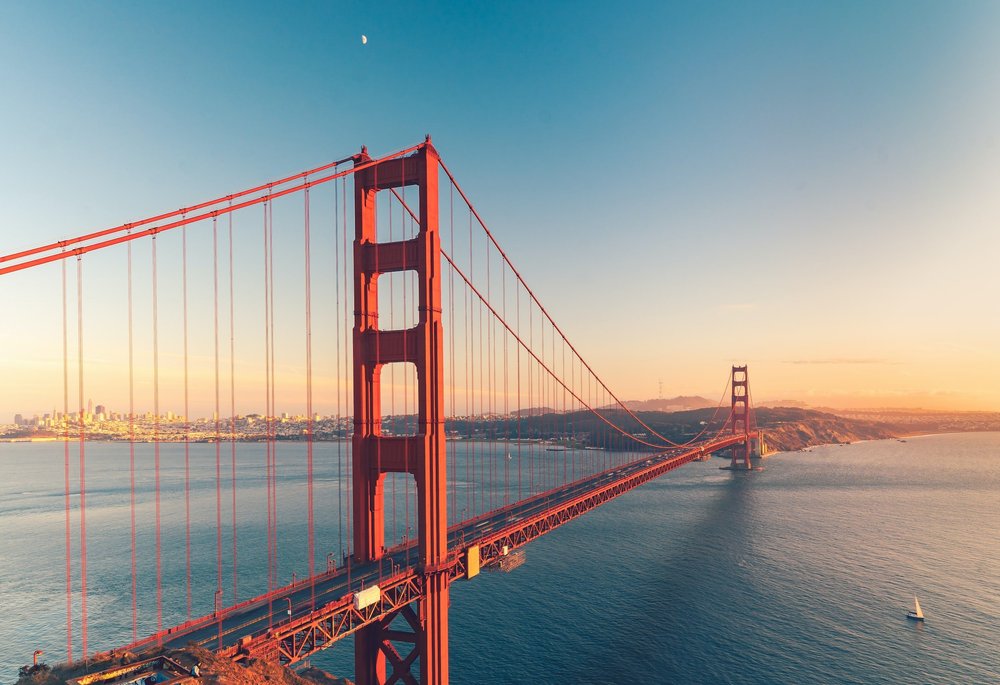 The Golden Gate Bridge over San Francisco Bay at sunset